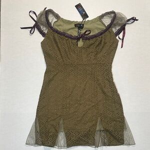dELiA*s Olive Green Eyelet Mini Dress with Sheer Trim and Ribbon Accents
